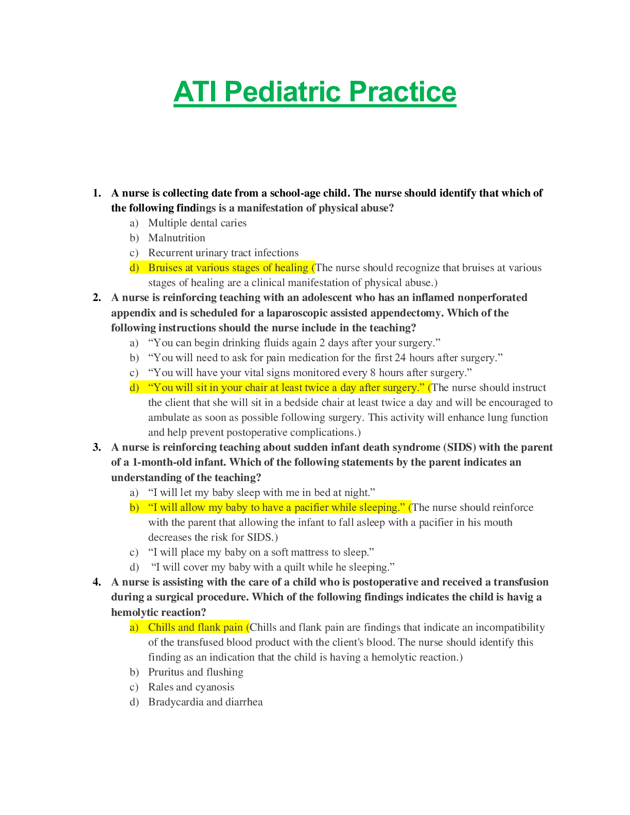 Preview of ATI PEDIATRIC Proctored Exam ( LATEST ) GRADED A